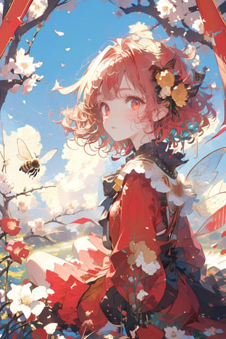 //quality, (masterpiece:1.4), (detailed), ((,best quality,)),//, illustration,,1girl,solo,loli,bee_girl,//, (red hair:1.3), short hair,antenna_hair,sidelocks,hair_flowers, beautiful detailed eyes,glowing eyes,red eyes,//,(sparking bee_wings:1.3),red_dress,
,//, blush,expressionless,looking_at_viewer, first-person_view,//,sitting in flower,//, scenery, outdoors, flower_petals,flying_petals, flowers petals floating in air,((bees)), (straight-on:1.3),//,emo,aesthetic,