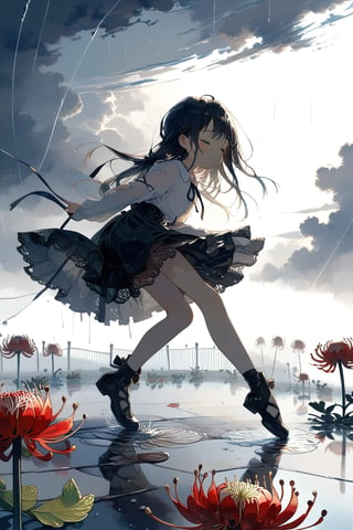 //quality, masterpiece:1.4, detailed:1.4,best quality:1.4,//(heavy raining),night, (cloudy),fog, spider_lily_(flower),(garden),puddle,fence,//,1girl,solo,(loli),//, black_hair,long hair, straight_hair,sidelocks,(closed_eyes),//,(black dress), white shirt,bow,long_sleeves,(white sleeves),black shoes,(wet),wet hair,wet clothes,wet legs,//,closed_mouth, blush,glommy face,//,(dancing),one_leg_raised,//,(straight-on),Deformed,