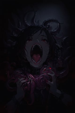 //quality, (masterpiece:1.331), (detailed), ((,best quality,)),//,(pov hands:1.3),(macro photo of tentacles and fangs),black hair,red eyes,hallway,night,(dark background:1.3)