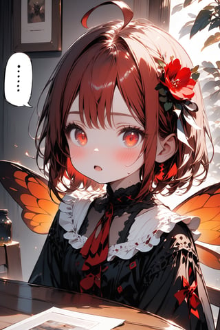 //quality, masterpiece:1.4, detailed:1.4, best quality:1.4,//,1girl,solo,//,red hair,short hair,ahoge,sidelocks,beautiful detailed eyes,glowing eyes,red eyes,//,hair_flowers,(bee_wings),gothic_lolita,//,blush,expressionless,mouth_open,sweating,speech_balloon, (spoken_ellipsis),//,sitting,//,indoors,table, chairs,room,pianting,western style house,Details,Detailed Masterpiece,Deformed
