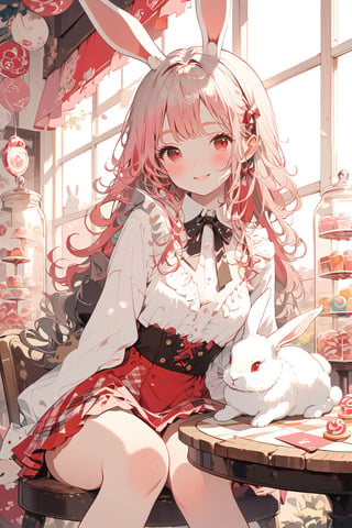 //quality, (masterpiece:1.4), (detailed), ((,best quality,)),//, illustration,1girl,solo, rabbit_girl,cute ,//, (white rabbit_ears:1.3), (rabbit_tail:1.2),(pink hair:1.3),long_hair,curly_hair,hair_ribbons,ribbons,beautiful detailed eyes, (red eyes),breasts,//,fashion,//,blush,:), smile,//,sitting,(rabbits:1.3),(hugging a cute rabbit:1.3),//, scenery,table,chair,candies,candy shop, window,pink tone,sunset, (straight-on:1.3),//,emo,