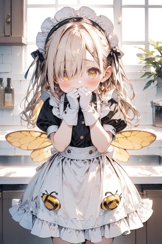 //quality, masterpiece:1.4, detailed:1.4, best quality:1.4,//,1girl,solo,loli,//,(yellow hair),(long hair),((hair_over_one_eye)),yellow eye,diamond_symbol_shaped_pupil,//,(bee_wings),bow,diamond,(diamond symbols),maid headband,white maid_costume,white gloves,//,sweat_drops,blush, nervous, worry,looking_at_viewer,//,(hands covering mouth),//, cowboy_shot,indoors,kitchen,Deformed,
