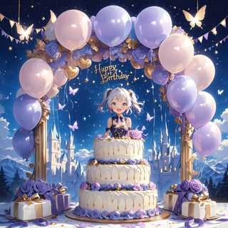 //quality, masterpiece, detailed, ,best quality, //, 1girl, solo, loli,, //, (short twintails: 1.4), (white hair: 1.4), (purple inner hair: 1.2), ahoge, (blue eyes: 1.4), beautiful detailed eyes, glowing eyes, //,ribbons, purple evening gown,purple long gloves, //, smiling, blush, happy face, cute_fangs, looking at viewer, facing viewer, //, cowboy_shot, straight-on, //,table, purple butterflies, purple rose, purple heart balloons, starry, night, scenery,cake, Birthday cake, huge cake,fantasy cake, cake focus, CakeStyle,candies,candles:1.2,cake with number "1",( cake with signboard text "HAPPY Birthday",),Text
