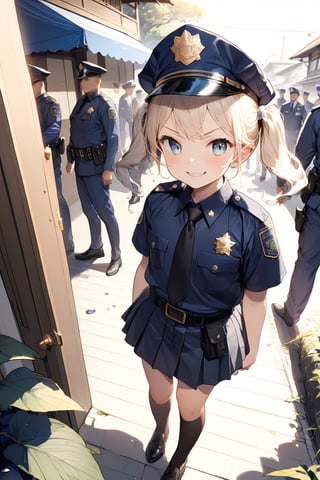 //quality, (masterpiece:1.3), (detailed), ((,best quality,)),//1girl,(loli:1.4),child,//,blonde_hair,sidelocks,(twin drills:1.4),detailed eyes,colorful eyes,//,(Text "FBI" uniform :1.4),(police_uniform:1.4),police_cap,((FBI badges,)),white thighhgihs,//,(smirk:1.2),blush,:3//,from_behind,road outside the door,closed_door,wiude_shot,Porch Front,plants,leaf,(,multiple_men,6men,many army polices surrounding the girl:1.4)