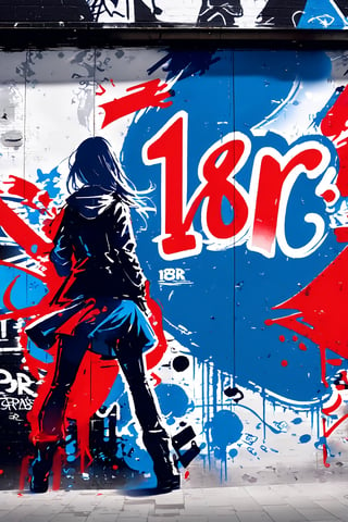 multicolored, ((((graffiti wall with Text that reads "18R" )))) in blue, red,white,ink wall painting,poster of girl,red paint splash,