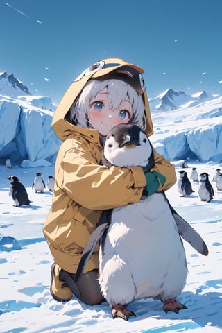 //quality, (masterpiece:1.331), (detailed), ((,best quality,)),//,1girl,(penguin_girl:1.3)//,white hair,detailed eyes,//,(penguin costume:1.3),(black and white penguin hood:1.4),(hood_up:1.1),long_sleeve, gloves,(black pantyhose:1.1), yellow boots,//,blush, happy_face,light smile,//,kneeling,(hugging _penguin:1.3),looking_at_penguins,//, (((penguins,too many penguins))), group of penguins,(surrounding by penguins:1.4),scenery,ice,ice land,ice mountain,blue sky,emo,fluffy fur,ice and snow,Penguin ,Bird ,Animal 
