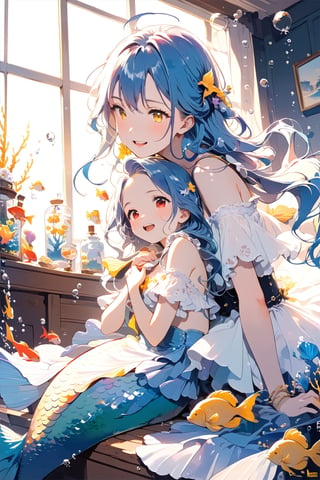 //quality, (masterpiece:1.4), (detailed), ((,best quality,)),//2girls,(mermaid:1.4),(child_and_mother:1.4),loli,cute,//BREAK, AND 2girls,(blue_hair:1.3),ahoge,floating_hair,detailed_eyes,(red eyes:1.2),BREAK AND 2girls,(blue_hair:1.3),floating_hair,detailed_eyes,(yellow_eyes:1.2),large_breasts,//,bows,frilled,//,smile,mouth_open,teeth,//,(cheek_to_cheek:1.4),(hugging:1.2),//,(indoors:1.3),detailed room,(fish:1.2), bubbles,dal-6 style