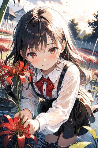 //quality, masterpiece:1.4, detailed:1.4,best quality:1.4,//,1girl,solo,(loli),//, black_hair,long hair,straight_hair,(red_eyes),//,(black suspender dress),(white shirt),red bow,long_sleeves,black shoes,(wet),wet hair,wet clothes,//,closed_mouth,sad_face,glommy face,blush,smile,leaning_forward,//,(hands holding flower,spider_lily),//,daybreak,cloudy,perfect lighting, spider_lily_(flower),(garden),(pov,pov hand holding flowers),straight-on,cowboy_shot