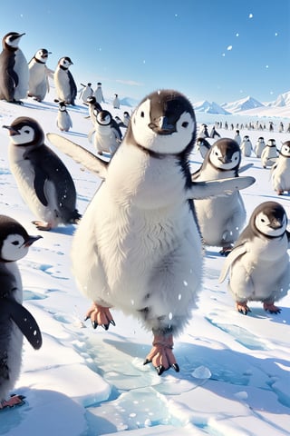 //quality, (masterpiece:1.331), (detailed), ((,best quality,)),//,close-up portrait to group of dancing penguins,lots of dancing penguins, (too many dancing penguins:1.3), (dancing:1.4),cute, adorable,(dynamic pose),(one feet_up),scenery,ice,ice land,blue sky,ice and snow,Penguin ,Bird,Animal ,dynamic angle,3D cartoon,