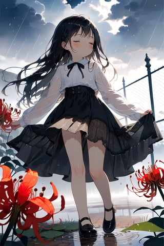 //quality, masterpiece:1.4, detailed:1.4,best quality:1.4,//(heavy raining),night, (cloudy),fog, spider_lily_(flower),(garden),puddle,fence,//,1girl,solo,(loli),//, black_hair,long hair, straight_hair,sidelocks,(closed_eyes),//,(black dress), white shirt,bow,long_sleeves,(white sleeves),black shoes,(wet),wet hair,wet clothes,wet legs,//,closed_mouth, blush,glommy face,//,(dancing),one_leg_raised,//,(straight-on),Deformed,