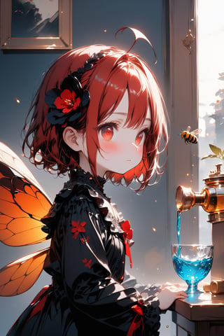 //quality, masterpiece:1.4, detailed:1.4, best quality:1.4,//,1girl,solo,//,red hair,short hair,ahoge,sidelocks,beautiful detailed eyes,glowing eyes,red eyes,//,hair_flowers,(bee_wings),black gothic_lolita,//,blush,expressionless,//,(standing),(pouring water) to a glass,//,indoors,room,Details,Detailed Masterpiece,Deformed, close_up,cowboy_shot,(from side),