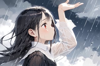 //quality, masterpiece:1.4, detailed:1.4,best quality:1.4,//(heavy raining),night, (cloudy),fog,//,1girl,solo,//, black_hair,long hair, straight_hair,sidelocks,red_eyes, detailed_eyes, eye_half_opened,//,(black dress), (white shirt),long_sleeves,(white sleeves),(wet),wet hair,wet clothes,//,closed_mouth, blush,glommy face,(looking_up),//,one_arm_raised above head,one_hand_up,,//,cropped_torso,close_up,(profile),hand_out_of_frame,Deformed