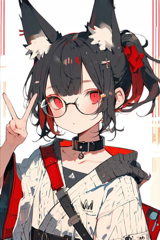 //quality, (masterpiece:1.331), (detailed), ((,best quality,)),//, comic,/,1girl,solo,cute,loli,//,(black fox ears:1.331),animal ear fluff,hairstyle, (black hair:1.21),(red hair1.1),(colored inner hair:1.331),(short ponytail:1.1),sidelocks, beautiful detailed eyes,((red eyes:1.3)),(bags_under_eyes:1.4),(glasses:1.3),(,flat_breasts,),//,fashion,hood,cat_collar,collarbone,//, sleepy,=_=,//,((((hand_up,v, v-sign)))),looking_at_camera,upper_body,(straight-on:1.331),//,emo,cute knight,kawaii knight