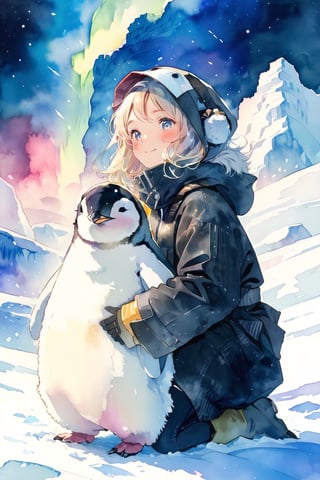 //quality, (masterpiece:1.331), (detailed), ((,best quality,)),//,close_up portrait of girl and penguin,(1girl:1.1),//,white hair,detailed eyes,//,(penguin costume:1.3),(black|white penguin hood:1.4),(hood_up:1.1),long_sleeve, gloves,(black pantyhose:1.1), yellow boots,//,blush, happy_face,smile,//,(penguins:1.2),(hugging penguin:1.3),facing_viewer,//, ,ice,ice land,night, starry_night, (aurora:1.3),ice and snow,Penguin ,Bird ,Animal ,fluffy fur,aesthetic,watercolor \(medium\)