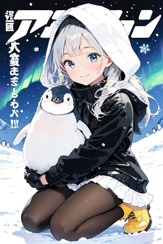 //quality, (masterpiece:1.331), (detailed), ((,best quality,)),//,close_up portrait of girl and penguin,(1girl:1.1),loli,chibi,//,white hair,detailed eyes,//,(penguin costume:1.3),(black|white penguin hood:1.4),(hood_up:1.1),long_sleeve, gloves,(black pantyhose:1.1), yellow boots,//,blush, happy_face,smile,,//, kneeling_down,(penguins:1.2),(hugging penguin:1.3),facing_viewer,//,ice,ice land,night, starry_night, (aurora:1.3),ice and snow,Penguin ,Bird ,Animal ,fluffy fur,aesthetic,(magazine cover)