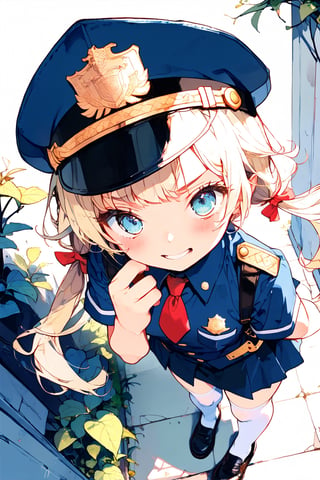 //quality, (masterpiece:1.3), (detailed), ((,best quality,)),//1girl,(loli:1.4),child,//,blonde_hair,sidelocks,(hair_bows:1.2),(low twintails:1.4),detailed eyes, blue eyes,//,(Text "FBI" uniform :1.4),(darkblue police_uniform:1.4),short_sleeves,(darkblue police_cap,darkblue miniskirt),((FBI badges,)),red tie,(white_stockings:1.2),//,(serious,angry),evil smile,(blush), looking_above,//,hands_on_mouth,standing,//,(from_above:1.4),(ground),plants,leaf,Porch Front,((Fisheye lens :1.4)),,emo