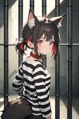 //quality, (masterpiece:1.3), (detailed), ((,best quality,)),//1girl,solo,//,(black fox ears:1.3),animal ear fluff,hairstyle, (black hair:1.2),(red hair1.1),(colored inner hair:1.3),(short ponytail:1.1),sidelocks,(red eyes:1.3),(black fox tail),(,flat_breasts,),//,(prisoner:1.2),(prison clothes:1.4),(cat_collar:1.1),//,nervous,fear,scared,:<,//,back_against_cell,upper_body,looking_back,(from_behind:1.4),//(in jail:1.4),cell, indoor ,emo,Prison,Railing