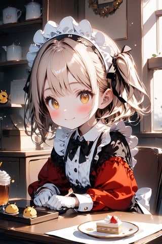 //quality, masterpiece:1.4, detailed:1.4, best quality:1.4,//,1girl,solo,loli,//,blonde hair,two_side_up,short_hair,drill_hair, detailed eyes,yellow eyes,//,bee_wings,bow,maid headband,white maid_costume with clover_symbols,black clover symbols,white gloves,//,closed_mouth,blush,light smile,holding cookies,//,indoors,desk,chairs,Details,Detailed Masterpiece,Deformed,while desk with dishes of cakes,drinks,cookies,//,closeed_up