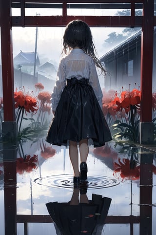 //quality, masterpiece:1.4, detailed:1.4,best quality:1.4,//(heavy raining),cloudy,scenery,fog,fence,reflection,(garden),spider lily_(flower),1girl,child,solo,(loli),(from_behind),back view,mid_shot, black_hair,long hair, straight_hair,(black dress), white long shirt,long_sleeves,black shoes,(wet),wet hair,wet clothes,walking, horror, gloomy ,Deformed
