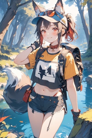 //quality, masterpiece:1.4, detailed:1.4, ,best quality:1.4, //, 1girl,solo,Tekeli,//,black fox ears,animal ear fluff,black fox tail,black hair,red inner hair,(short ponytail),sidelocks,red eyes, navel,//,fashion,(adventure costume),red_glasses,adventure hat,cat_collar,(camouflage),short_sleeves,fox patterns,mini shorts, gloves, boots,adventure rucksack,//,blush, smile,looking_at_viewer,//,outdoors,forest,water,close_up,scenery