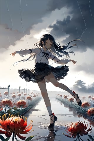 //quality, masterpiece:1.4, detailed:1.4,best quality:1.4,//(heavy raining),night, (cloudy),fog, spider_lily_(flower),(garden),puddle,fence,//,1girl,solo,(loli),//, black_hair,long hair, straight_hair,sidelocks,(closed_eyes),//,(black dress), white shirt,bow,long_sleeves,(white sleeves),black shoes,(wet),wet hair,wet clothes,wet legs,//,closed_mouth, blush,glommy face,//,(dancing),dynamic pose,one_leg_up,//,(straight-on),Deformed,blurry_background,motion_blur,close_up,
