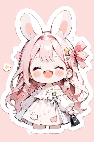 //quality, masterpiece:1.4, detailed:1.4, best quality:1.4,//,1girl,solo,cute,rabbit_girl,//,(white rabbit_ears),(pink hair,) long hair,wavy_hair,(closed_eyes),medium_chest,//,hair_ribbons,off_shoulder,(white fashion dress),//,blush,smile,upper_teeth,//,holding shopping_bags,//,pink_background,simple_background,star_(symbol),close up portrait, stickers, outline ,Deformed,sticker,chibi, chibi style