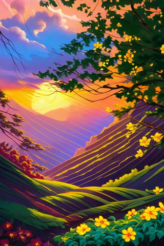 highly detailed, beautiful painting landscape, vintage style, colorful Kinkade flowers, film composition, digital painting, elegant, beautiful, great detail, Beautiful evening sunset