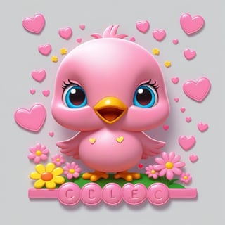 Happy Tweety bird, sticker, standing above name, "cheriz", pink hearts, flowers, butterflies, vector art, 3d render,<lora:659095807385103906:1.0>