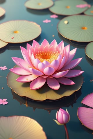 pink salt lotus flower in a pond sketch with golden roses surrounded, anime, 3d render, paint_(medium),<lora:659095807385103906:1.0>