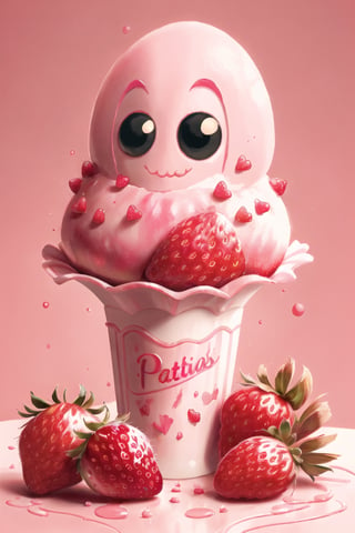 the name " Patricia" Pink with a light background with pink strawberries with four strawberries and drops of pink paint in 3D with a cartoon, vibrant, fashion, cinematic, typography, illustration
