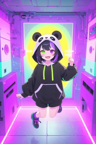 ( master piece, illustration, Digital) Little girl with long black hair, heterochromia (purple and green eyes). Lila Panda hoodie with a panda hood, in a dark CFI controller holographic room. Vivid colors and detailed image, lightin neon lights in the background, masterpiece, happy and excited, open mouth, little cute fang , Futuristic room, jumping pose