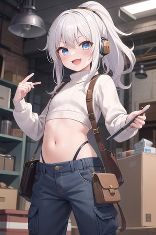 happy, smiling, open mouth, 13yo, flat girl,  messy puffy hair, white hair, spiky long hair, ponytail hair, serious ligth blue eyes, she wear a white sweater, and long cargo oversized pants, overall, blue headphones, brown bag, showing her bellybutton, cute eyes, tsundere, inside of steampunk mechanical workshop, detailed, Master piece , Nadir