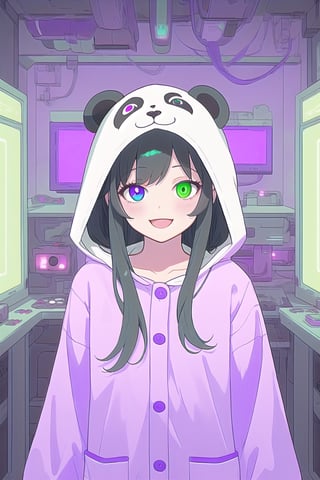 Little girl with long black hair, heterochromia (purple and green eyes). Panda pajamas with a hood, in a dark CFI controller room. Vivid colors and detailed image, best quality, masterpiece, happy and excited,Futuristic room