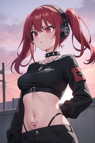 punk girl, 30yo,furious, small red eyes, messy red hair, spiky hair, two pigtails, she wear a black shirt, spiky chocker a black military Jacket, black punk necklace,tattoos,  and green oversized cargo pants, Red vintage headphones, showing her bellybutton, shining eyes, exterior from a military reformatory, red sunset, detailed, Master piece, medium breast 