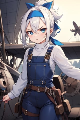 best quality, 12 yo, floffy spiky white haired, spiky messy ponytail, flat girl, blue eyes, wearing a white sweater, with a overall, blue headband,furious, fight escene, anime stile, cool footage , old vintage plane in the background, steampunk themed 