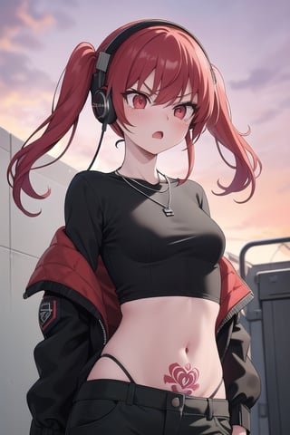 punk girl, 30yo,furious, small red eyes, messy red hair, two pigtails, she wear a black shirt, a black military Jacket, black punk necklace,tattoos,  and green oversized cargo pants, Red vintage headphones, showing her bellybutton, shining eyes, exterior from a military reformatory, red sunset, detailed, Master piece, medium breast 