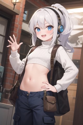 happy, smiling, effusive, open mouth, 13yo, flat girl,  messy puffy hair, white hair, spiky long hair, ponytail hair, serious ligth blue eyes, she wear a white sweater, and long cargo oversized pants, overall, blue headphones, brown bag, showing her bellybutton, cute eyes, tsundere, inside of steampunk mechanical, detailed, Master piece , Nadir , heroes pose 
