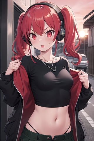 punk girl, 30yo,furious, small red eyes, messy red hair, two pigtails, she wear a black shirt, a black military Jacket, black spiky necklace, and green oversized cargo pants, Red vintage headphones, showing her bellybutton, shining eyes, exterior from a military reformatory, red sunset, detailed, Master piece, medium breast 