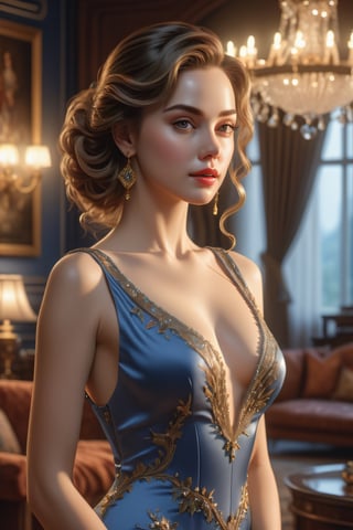 (best quality, masterpiece:1.3), illustration, 8K UHD, ultra high res, Physically Based Rendering, cinematic light, extremely intricate details, bright expression, beautiful young woman, (sleek and elegant hair), porcelain skin, beautiful face, shapely figure, (wearing evening gown) nostalgic Elegance, in the living room, (front and sharp focus), (looking at viewer:1.5), (cowboy_shot:1.8), Enhance, 