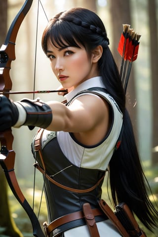 In a heart-pounding encounter, the beautiful archer draws her bow fully and aims at the viewer with sharp eyes and amazing momentum. The arrow shines with cold light as she prepares for a high-speed shot. A dynamic camera angle from in front captures the intense lighting, parallax motion blur, and ultra-detailed details of her striking features: high nose, black gloves, and long straight black hair with blunt bangs. Her chest-top composition showcases her vibrant white archery uniform amidst a warm, cinematic forest background, illuminated by sidelighting and ambient light. The 8K artistic photography-style illustration features breathtaking beauty, textures, and realistic details, making it a masterpiece in ultra-high definition (UHD).xxmixgirl