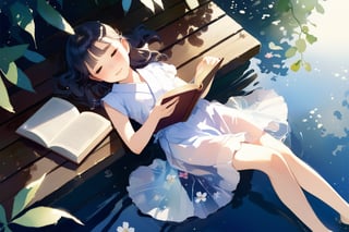 Realistic, CG style, on a hot summer day, the soft sunlight casts mottled light and shadow through the leaves. A teenage girl in a thin dress is lying on a Japanese-style wooden platform on the pond, taking a nap next to an open book and a glass of icy drink, Peaceful and peaceful atmosphere, beautiful, elegant, very detailed, establishing shot,1girl, background,scenery
,CrclWc,CuteSt1,WtrClr,watercolor \(medium\)