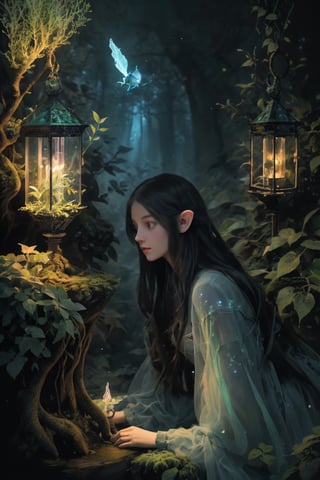 Ultra detailed illustration of a elf lost in a magical world full of wonders forest, unique luminous flora, highly detailed, pastel colors,  digital art, art by Mschiffer, night, dark, grey bioluminescence, darkness background, 1girl,wgz_style
