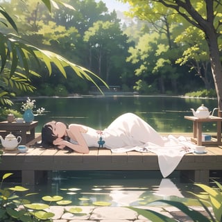 Realistic, CG style, on a hot summer day, the soft sunlight casts mottled light and shadow through the leaves. A teenage girl in a thin dress is lying on a Japanese-style wooden platform on the pond, taking a nap next to an open book, teapot and cup. Peaceful and peaceful atmosphere, beautiful, elegant, very detailed, establishing shot