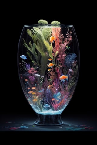 By dropping various colors of paint into a transparent aquarium, watch them naturally spread in the water to form simple lines. These colorful lines spreading in the water form a goldfish tail fin-like outline, emphasizing the beauty of natural diffusion. Ultra detailed illustration of a( transparent ) goldfish, glowy, translucent, transparent,  bioluminescent flora, incredibly detailed, pastel colors, handpainted strokes, visible strokes, oil paint, art by Mschiffer, night, bioluminescence