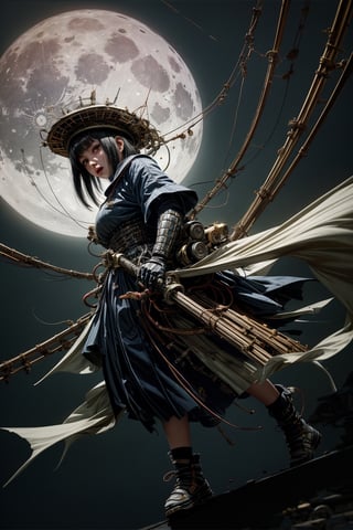 1girl, solo_female, masterpiece, best quality, 16K, (HDR), high resolution, (1 big moon in the dark night) , In the dead of night, a samurai wearing a rain hat, carrying a long sword and lowering his head, walks alone on the ancient streets of the mountain city that are hung with various signboards and lanterns and stretches all the way up. A huge sea fish with a ferocious face and a bloody mouth swoops down from high in the sky. It is super realistic, (full length body)+(Dutch angle shot), (highly detailed background of ancient Japanese achitechture + cyberpunk buildings with neon lights:1.2) , (dynamic pose), hands in the right direction, perfect fingers, (intense light), intense atmosphere with Dutch angle, ((cables and wires linked to character)), ((holding an delicated old sword)), Cyberpunk,C7b3rp0nkStyle,A Traditional Japanese Art,perfect, cyberpunk style, more details, chinese ink painting,Mechanical fish