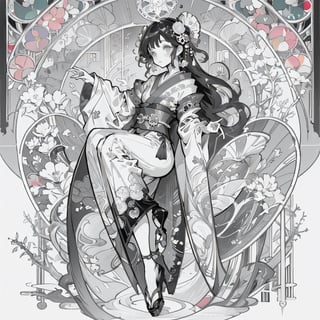 monochrome,grayscale high quality, high detailed line art, oriental, detailed art-nouveau stained glass, full body, Japanese God of Thunder,Raijin,cute,kawaii,mucha art style