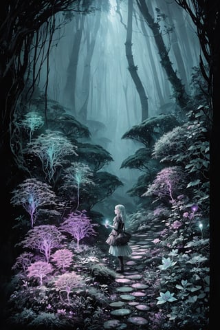 Ultra detailed illustration of a elf lost in a magical world full of wonders forest, unique luminous flora, highly detailed, pastel colors,  digital art, art by Mschiffer, night, dark, grey bioluminescence, darkness background, 1girl,line anime,wgz_style