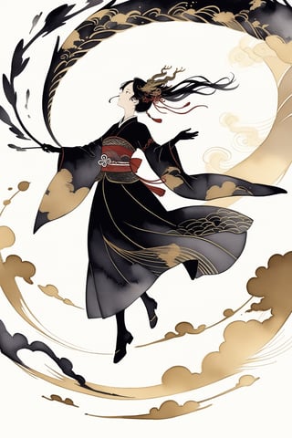 A golden silhouette of a Chinese lady in ancient costume soars in the sky. The background is the vortex of the dragon's flight traces. mainly black and gold, simple and abstract outlines of the dragon and the lady,japanese art, chinese ink drawing,ink ,style, faceless, Watercolour, oil paint, 
