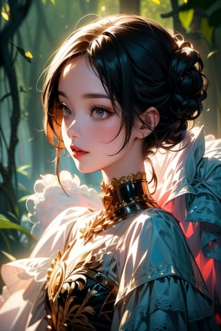 A hauntingly beautiful illustration of a single girl, reminiscent of Coraline's eerie and whimsical world. Framed in a warm golden light, the subject stands alone on a misty hillside, surrounded by twisted trees and overgrown vegetation. Her porcelain doll-like features are set in a mix of curiosity and unease as she gazes out at something just beyond the viewer's frame, her coral lip color subtly referencing the film's title.