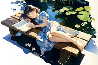 Realistic, CG style, on a hot summer day, the soft sunlight casts mottled light and shadow through the leaves. A teenage girl in a thin dress is lying on a Japanese-style wooden platform on the pond, taking a nap next to an open book and a glass of icy juice, Peaceful and peaceful atmosphere, beautiful, elegant, very detailed, establishing shot,1girl, background,scenery
,CrclWc,CuteSt1,WtrClr,watercolor \(medium\)